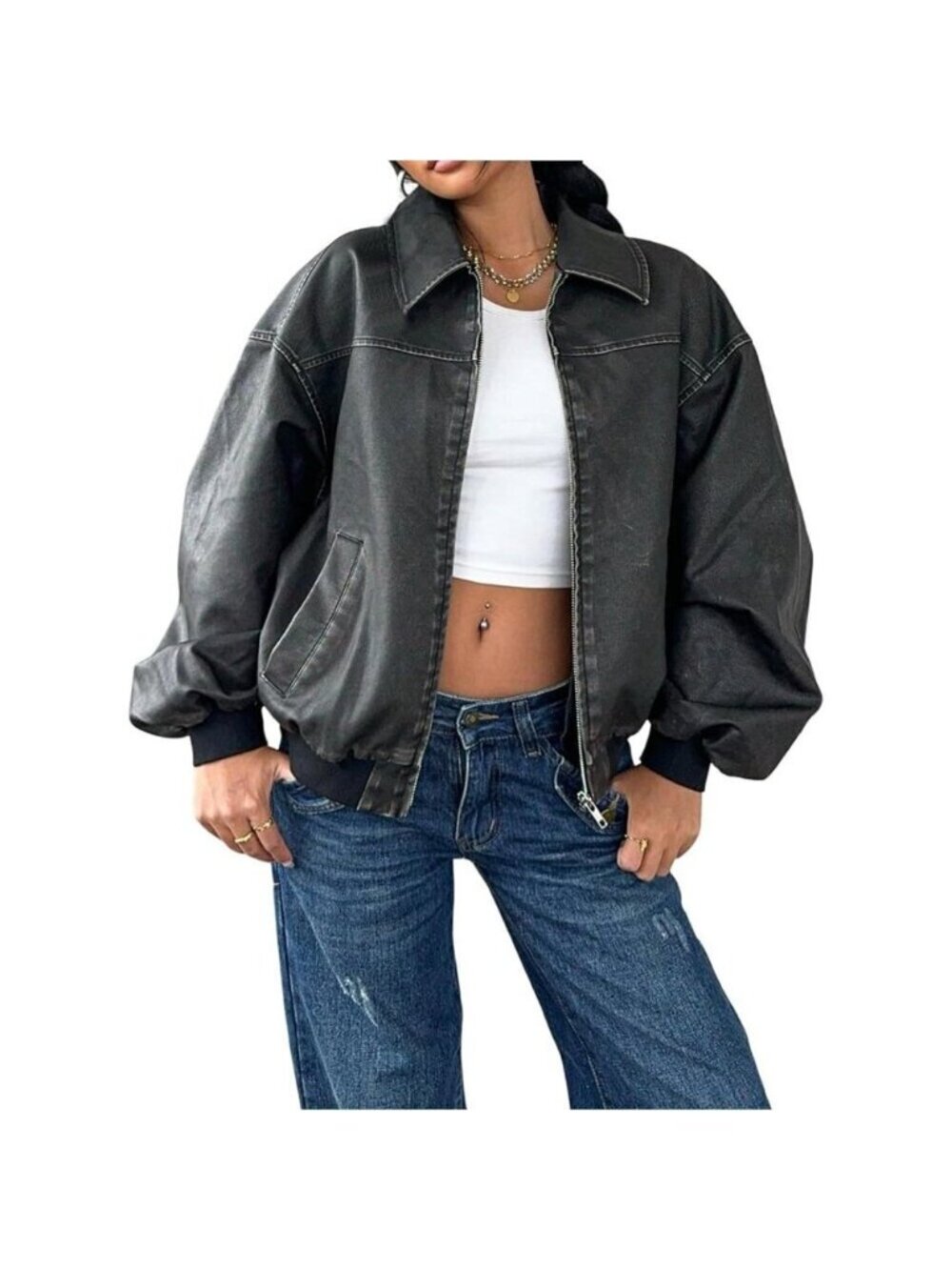 Women Black Faux Leather Jacket Zip Up Oversized Motorcycle Outfits Winter Coats